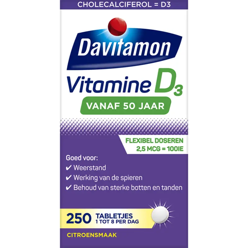 Davitamon Vitamine D 50+ Volwassen – vitamine D3 volwassenen – 250 stuks